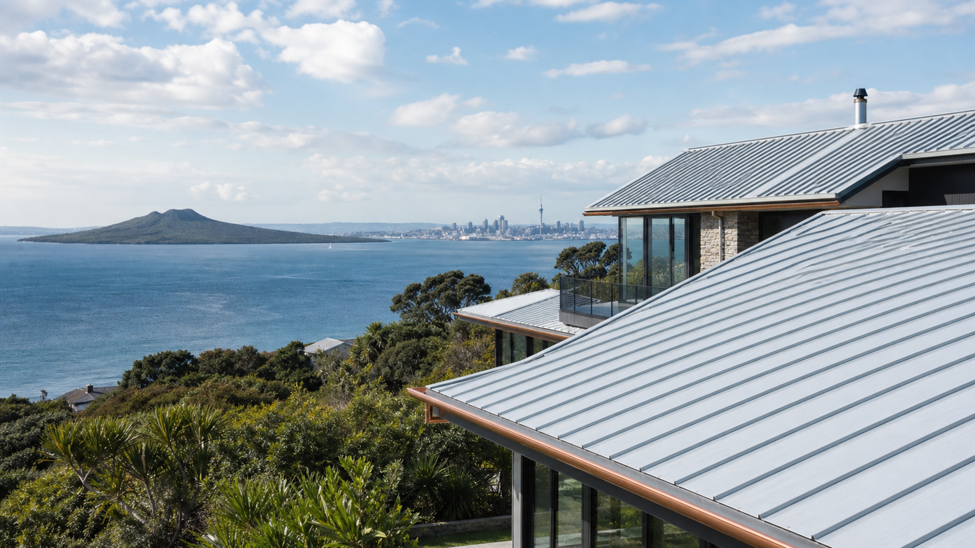 Coastal home with a standing-seam metal roof overlooking the sea