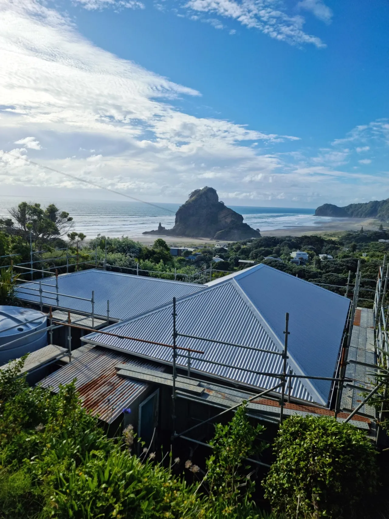 coastal home with a metal roof above a west-coast beach